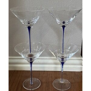 Set Of 4 Home Essentials Crystal Martini Glasses Blown Glass Blue Tear Drop Stem